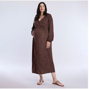 NWT Motherhood Maternity brown animal print button front midi dress size small